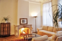 Spacious living room with luxurious marble fireplace